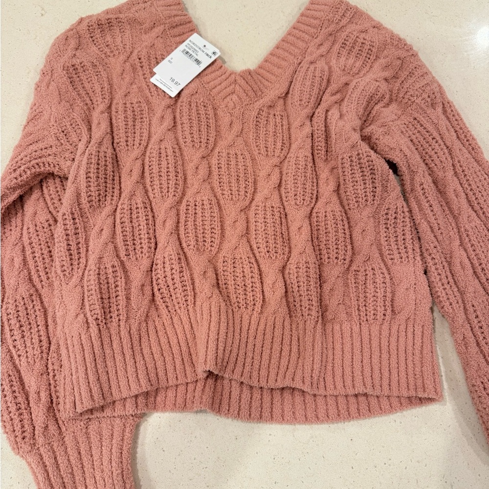 NWT - Pink Rose V-Neck Cable Knit Sweater in Soft Pink